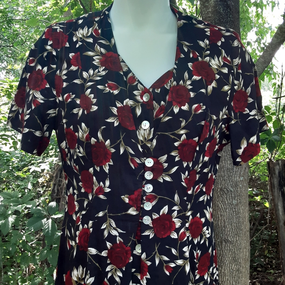 90s floral red rose black maxi dress faux vest and loads of buttons sz 12 - Picture 3 of 7